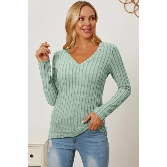 Basic Bae Full Size Ribbed V-Neck Long Sleeve T-Shirt - Picture 1 of 11